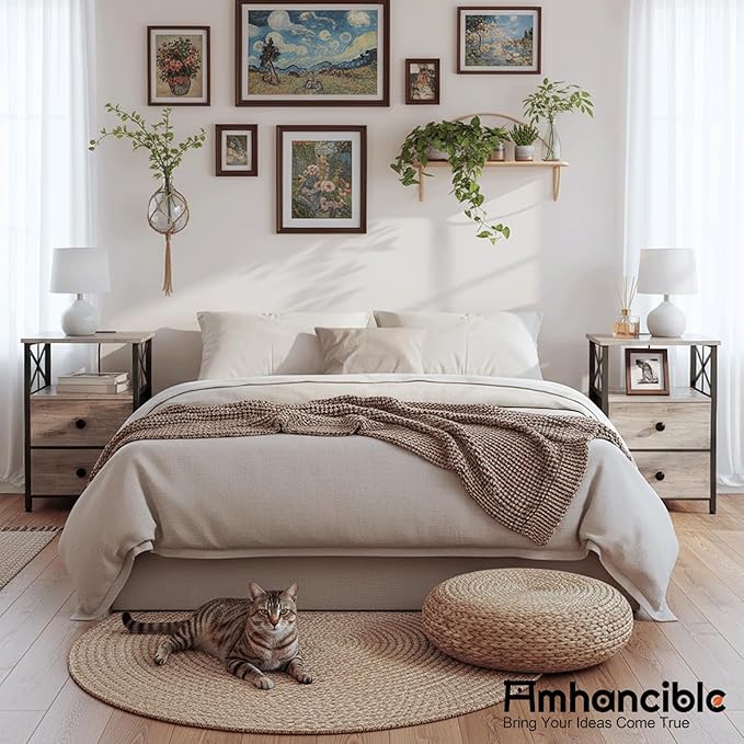 AMHANCIBLE Night Stand Set 2, Nightstand with Charging Station, End Tables Living Room with USB Ports and Outlets, Bedside Tables with Fabric Drawers for Bedroom, Greige HET05XGY