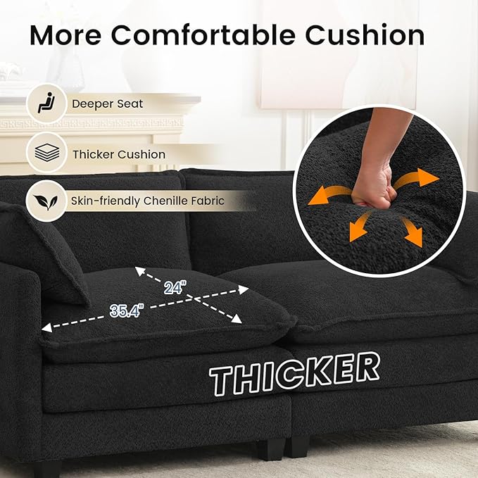 ROWHY Modular Loveseat Sectional Sofa, 78" Upholstered Loveseat, 2 Deep Seat Sofa Couch with 2 Throw Pillows for Small Space, Modern Comfy Cloud Couch for Living Room, Chenille, Black