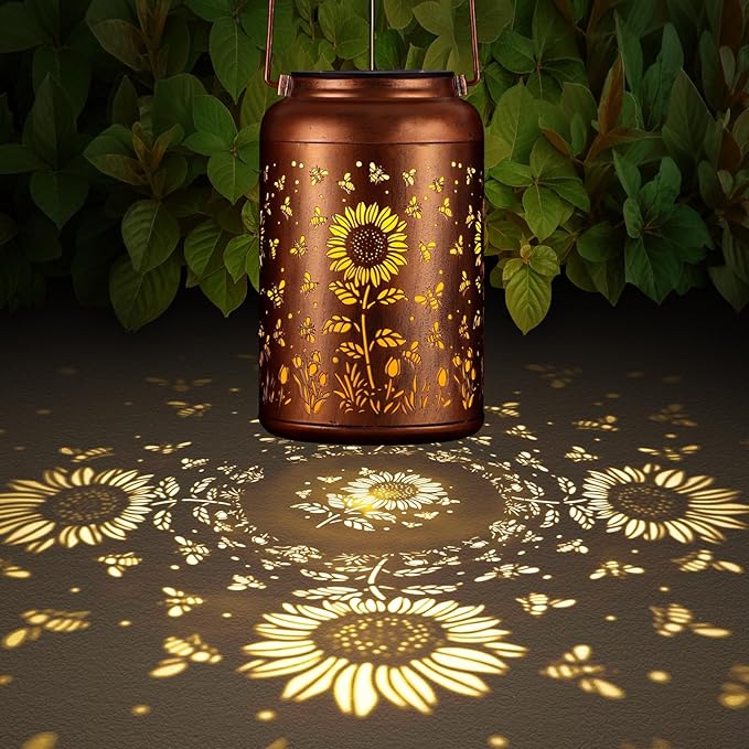 Solar Lanterns Outdoor, Waterproof Hanging Metal Solar Lanterns LED Decoration for Garden, Yard, Patio - Perfect Birthday Gifts for Women Mom Grandma(Sunflower + Bee)
