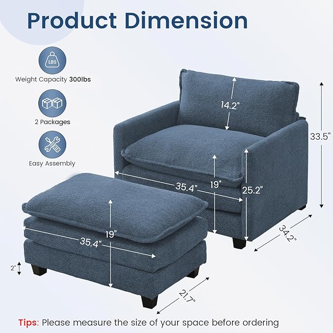 ROWHY Convertible Sectional Couch with Ottoman, Single Armchair with armrests, Modern Living Room Furniture Set, Small Couches for Small Spaces, for Living Room, Chenille, Royal Blue