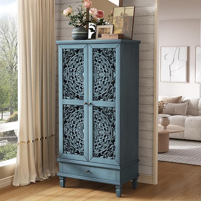 Rustic 55'' Tall Storage Cabinet with 2 Hollow-Carved Doors a Drawer, Wood Accent Cabinet with Solid Wood Legs for Living Room, Hallway, Dining Room (Antique Blue-T)