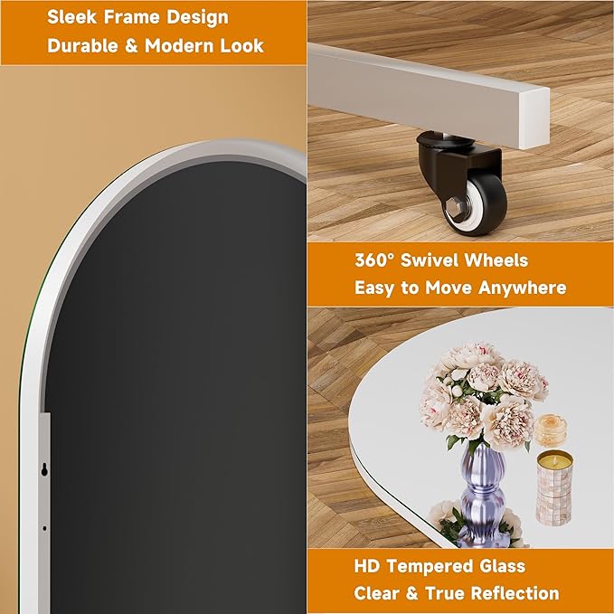 Hasipu 75" x 28" Arched Rolling Home Gym Mirror with Wheels, 360° Swivel Body Mirror with HD Tempered Glass, Large Floor Mirror for Yoga Room, Dance Studio, Bedroom & Home Gym