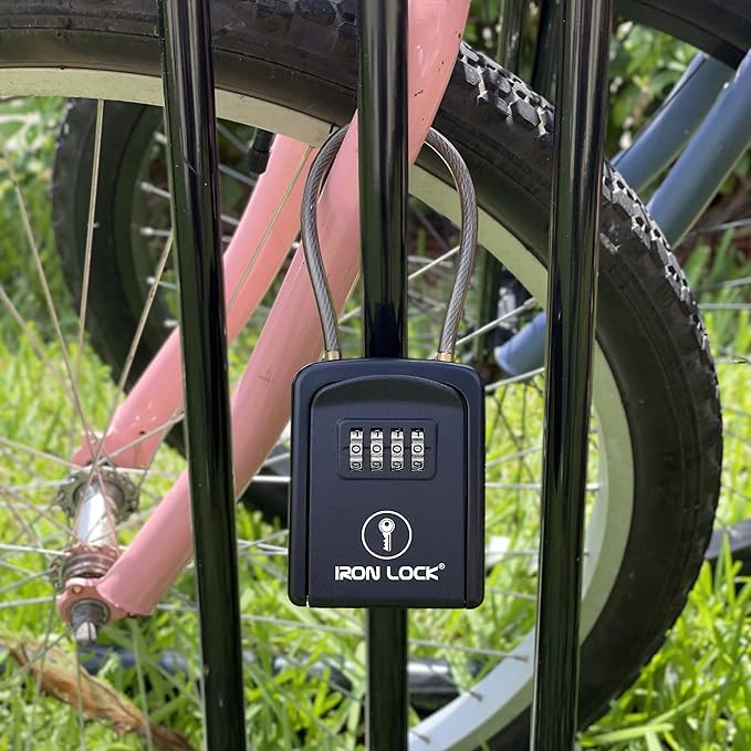 Iron Lock® Key Lock Box Portable with Cable Shackle – Small Waterproof Heavy-Duty Metal Safe with 4-Digit Combination for Spare Keys Outside on Door Knob, Fence, Pipe or Gate (Black, Small)