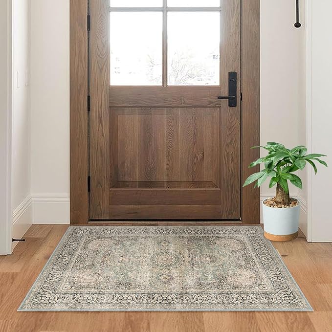 Area Rug 2x3 Distressed Small Entryway Rug Vintage Doormat Faux Wool Non-Slip Washable Low-Pile Floor Carpet for Indoor Front Entrance Kitchen Bathroom…