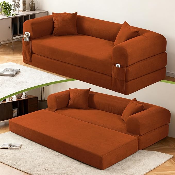 Convertible Futon Sofa Bed,80" Folding Pull Out Couch Bed with Pillows & Storage Pocket, Oversized Queen Sleeper Sofa in a Box,Corduroy Boneless Couch for Living Room,Orange