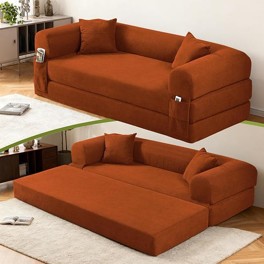 Convertible Futon Sofa Bed,80" Folding Pull Out Couch Bed with Pillows & Storage Pocket, Oversized Queen Sleeper Sofa in a Box,Corduroy Boneless Couch for Living Room,Orange