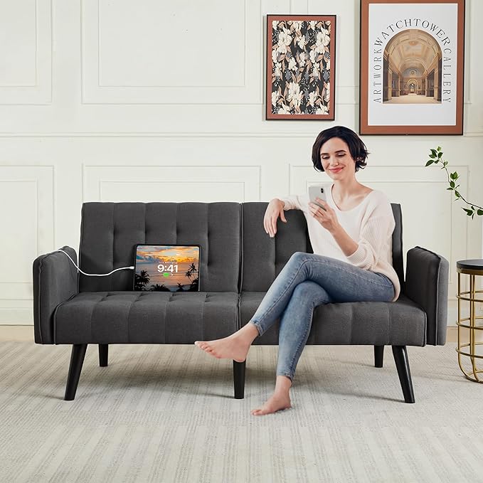 TYBOATLE 65“ Convertible Futon Sofa Bed w/ 2 USB, Upholstered Tufted Small Adjustable Folding Couch Loveseat, Modern Mid Century Sleeper Sofa for Living Room, Bedroom, Apartment, Office (Dark Grey)