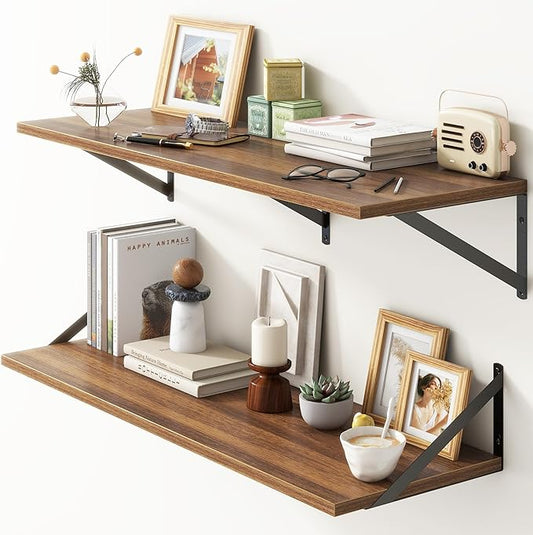 36"W x 12"D Floating Shelves, Walnut Deep Floating Shelves for Wall with Brackets, 12 Inch Deep Wall Shelves for Books, Wide Display Storage Shelves for Bathroom, Living Room, 36 Inch Long, Set of 2
