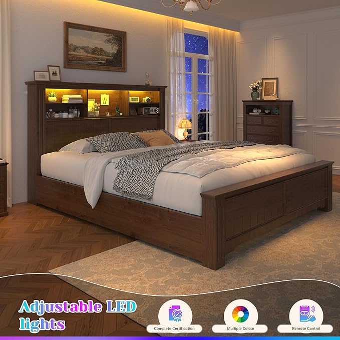 EnHomee Full Size Bed Frame with Headboard and Storage, 4 Drawers and LED Built in Charging Station Full Bed Frame with Storage Farmhouse, NO Noise,No Box Spring Needed,Brown