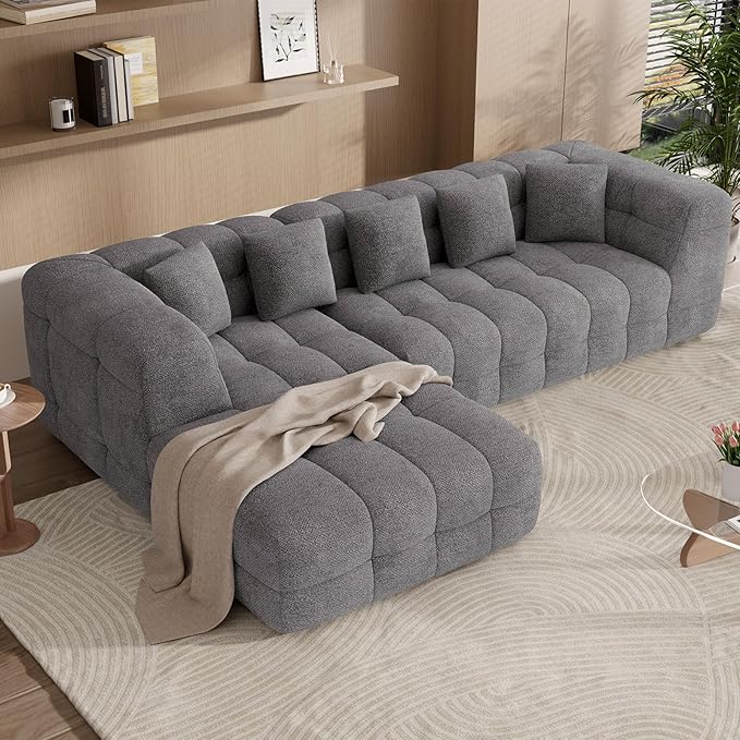 107" Boneless Couch with L - Shaped Chaise, Modern Chenille Modular Sectional Sofa with Tufted Design, Comfy Upholstered Sofa, No - Assembly Sectional Couch, Dark Grey