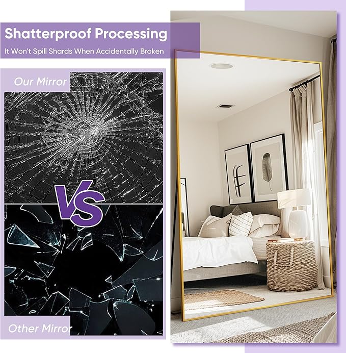 Full Length Mirror, 88"x44" Floor Mirror Freestanding, Oversized Floor Standing Mirror Full Body Mirrors with Stand for Bedroom, Hanging Mounted Mirrors for Living Room Cloakroom, Gold, Rect