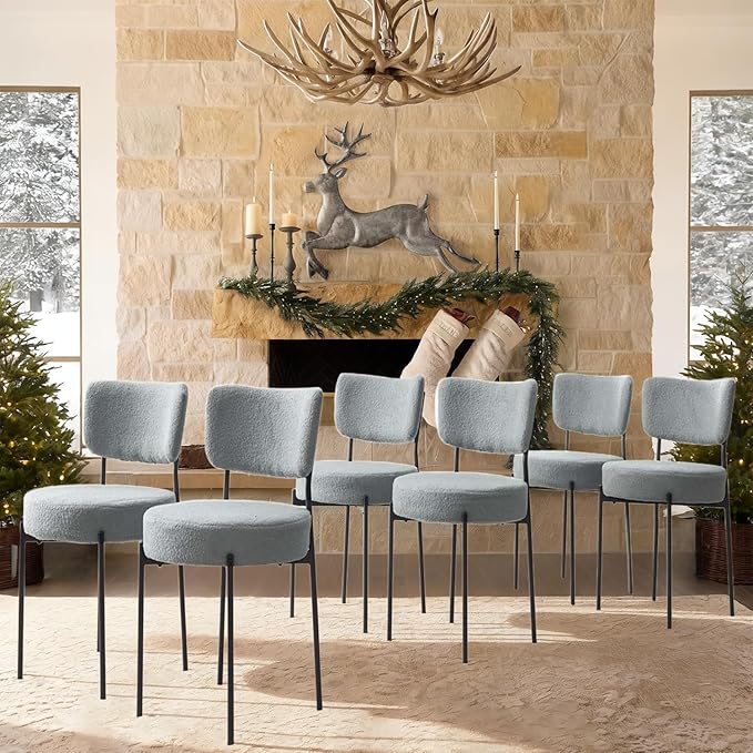Grey Boucle Dining Chairs Set of 6, Upholstered Dinner Chair with Metal Frame, Dining Room Chairs with Padded Seat, Round Modern Seating for Living Room