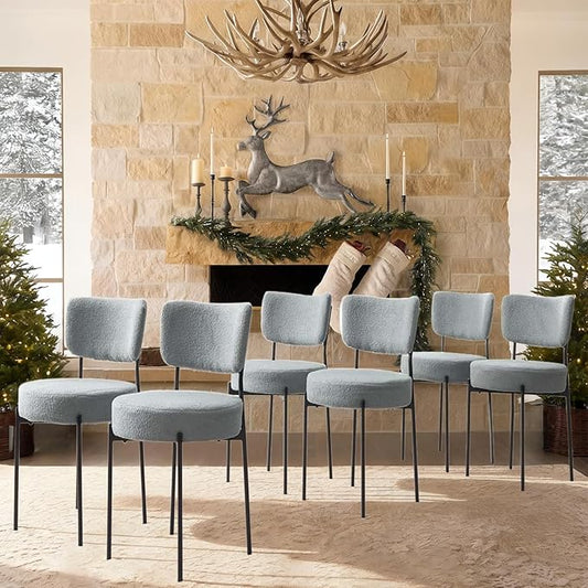 Grey Boucle Dining Chairs Set of 6, Upholstered Dinner Chair with Metal Frame, Dining Room Chairs with Padded Seat, Round Modern Seating for Living Room