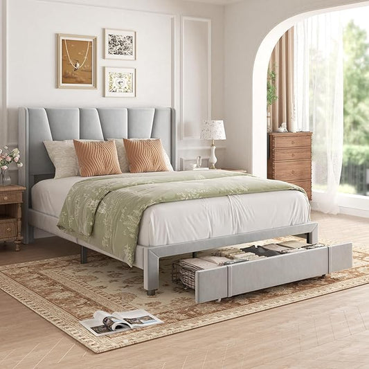Full Bed Frame with Storage Drawers, Upholstered Full Size Platform Bed with 47" Tall Headboard and Wingboard, No Box Spring Needed, Noise Free, Easy Assembly, Wooden Support Slats, Light Grey