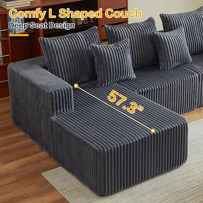 Boneless Couches for Living Room, 100.7" Cloud Sectional Couch with Oversized Chaise, L Shape Modular Couch Deep Seat, Corduroy Comfy Sofa for Bedroom, Compressed Sofa in a Box, Grey