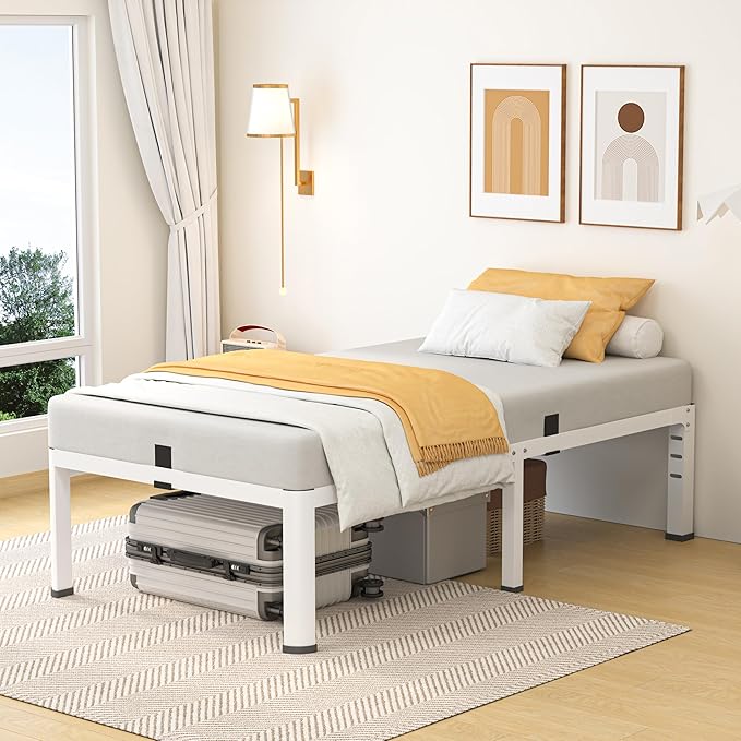 18 Inch Twin Size Metal Bed Frame with Round Corners, Storage Space Under High Bed Frame-Heavy Duty Steel Slats Support, Noise Free - Easy Assembly - No Box Spring Needed,White