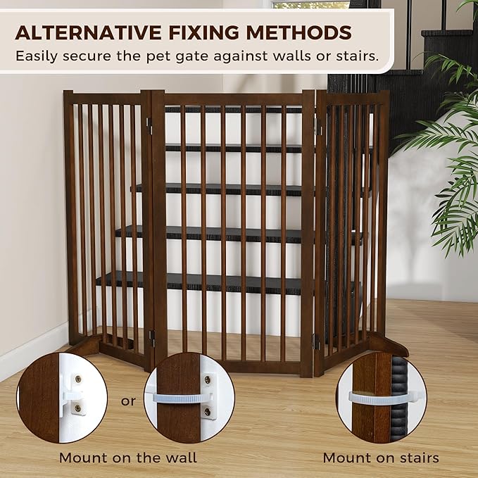 36" H Freestanding Dog Gate, Solid Wood Foldable Pet Gate with Support Feet, Wooden Tall Dog Gate for Doorway, Stairs & Indoor Use, 60" Wide Expandable Pet Fence, 3 Panels, Walnut