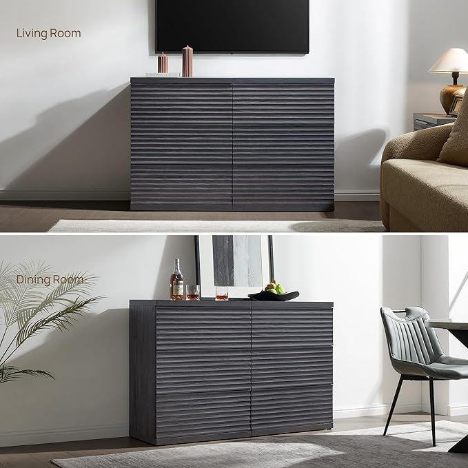 SICOTAS Sideboard Buffet Cabinet with Storage, Modern Credenza Storage Cabinet with 3 Larger Drawers, Fluted Media Console Mid Century Coffee Bar Table for Dining Room, Hallway, Dark Grey Alder