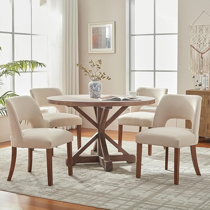 VKNOW Wooden Dining Chairs Set of 2, Modern Fabric Upholstered Dining Room Chair Kitchen Chairs, Farmhouse Dinner Chair for Kitchen Dining Room, Beige