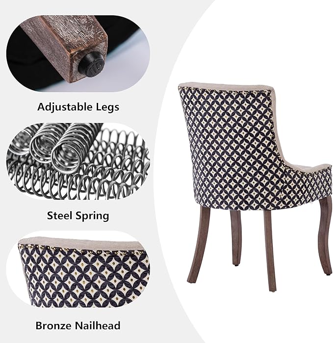 Farmhouse Dining Chairs Set of 2, Upholstered Fabric Dining Room Accent Chairs with Wood Legs & Bronze Nailhead, High Wingback Kitchen Chairs for Living Room Hotel Apartment, Beige Patterned