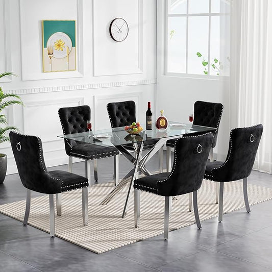 Goujxcy Glass Dining Table Set for 6, Modern Kitchen Table and Chairs Set of 6, 7-Piece Kitchen Dining Room Table Set w/51 Glass Metal Dining Table and 6 Black Velvet Upholstered Chairs
