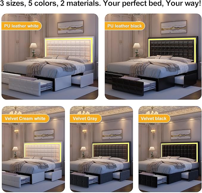 King Bed Frame with LED Lights & Storage Drawers, No Box Spring Needed, Heavy Duty 900lbs Weight Capacity, Easy Assembly, Modern Upholstered Platform Bed, Velvet Cream