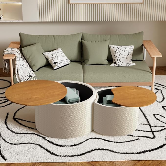 Round Nesting Coffee Table Set of 2, Round Fluted Coffee Tables with Storage for Living Room Leather Veneer Modern Nesting End Side Tables for Small Spaces (A Storage White)