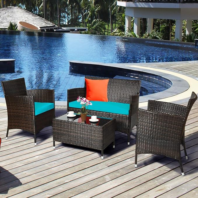 Goplus 4-Piece Rattan Patio Set, Outdoor/Indoor Wicker Conversation Set for Pool, Backyard, Lawn, Wicker Chairs and Sofa with Soft Cushion, Rattan Furniture with Tempered Glass Coffee Table