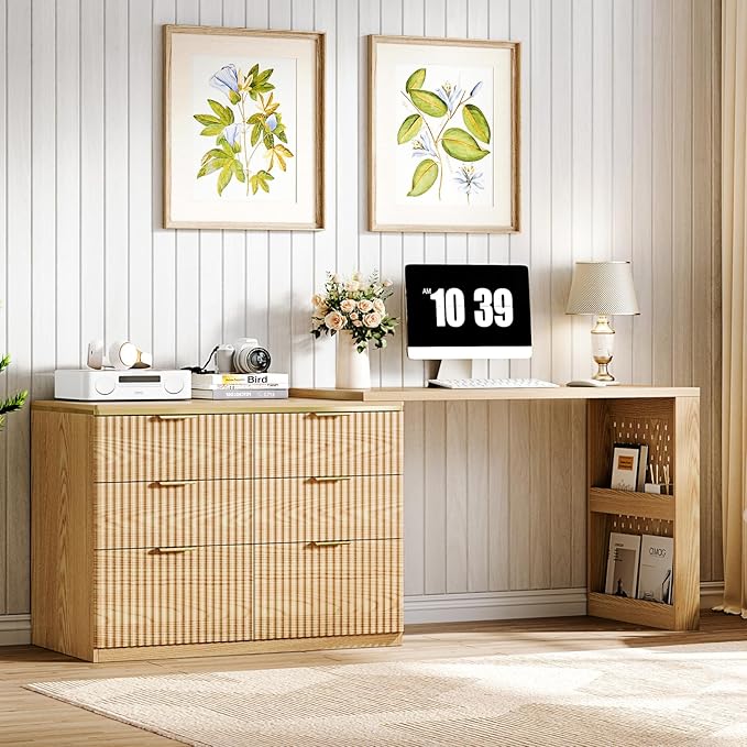 L Shaped Standing Desk,47" Home Office Desks, Executive, Farmhouse Computer Desk with 6 Drawers File Drawer, Rustic Computer Writing, Oak