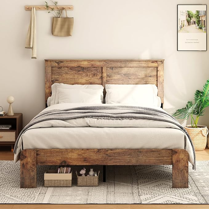 Queen Size Bed Frame, Vintage Platform Bed Frame with Wood Headboard and Footboard, 12 Wood Slats Support, No Box Spring Needed (Dark Brown)