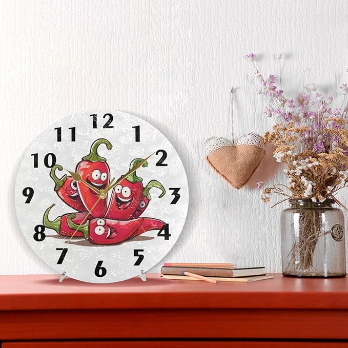 Cartoon Chili Pepper Wall Clock Round Silent Non-Ticking Battery Operated Clocks 10 Inch White Black Home Decor for Kitchen Bedroom Living Room