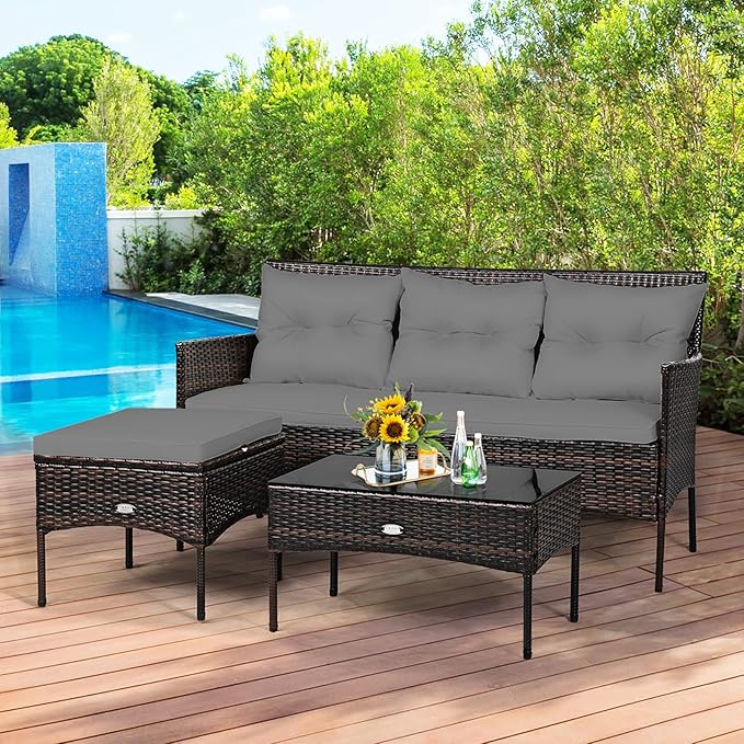 Tangkula 3 Pieces Patio Conversation Set, All Weather Outdoor PE Rattan Wicker Furniture Set with Padded Cushions, Tempered Glass Coffee Table, for Poolside, Backyard, Garden (Gray)