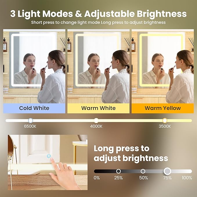 Fluted Vanity Desk with Mirror and Lights, 3 Color Clear Glass Door Dressing Table with Charging Station, 5 Drawers Glass Top Makeup Vanity with 9-Grid Organizer and 10 Storage, Light Oak