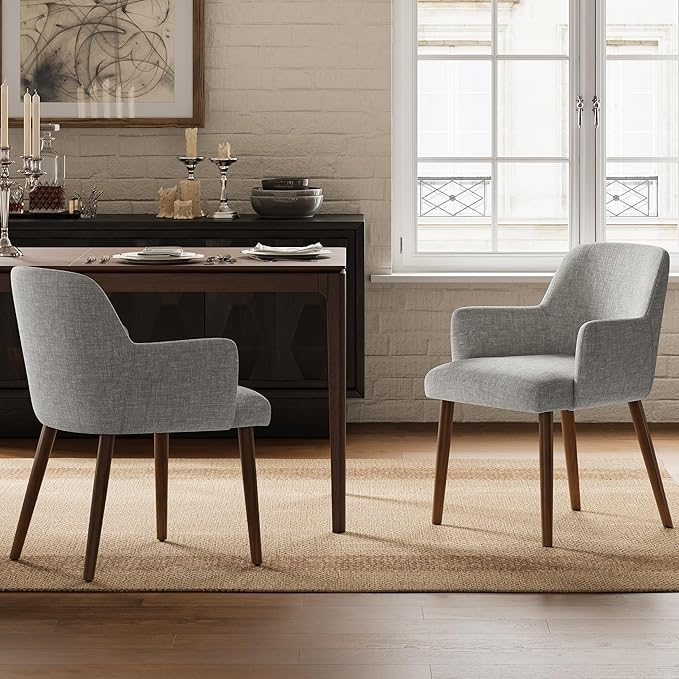 Upholstered Dining Chairs Set of 2, Modern Kitchen Chairs with Back and Curved Armrest, Fabric Side Dining Room Chairs with Wood Legs for Kitchen Dining Room Restaurant, Grey