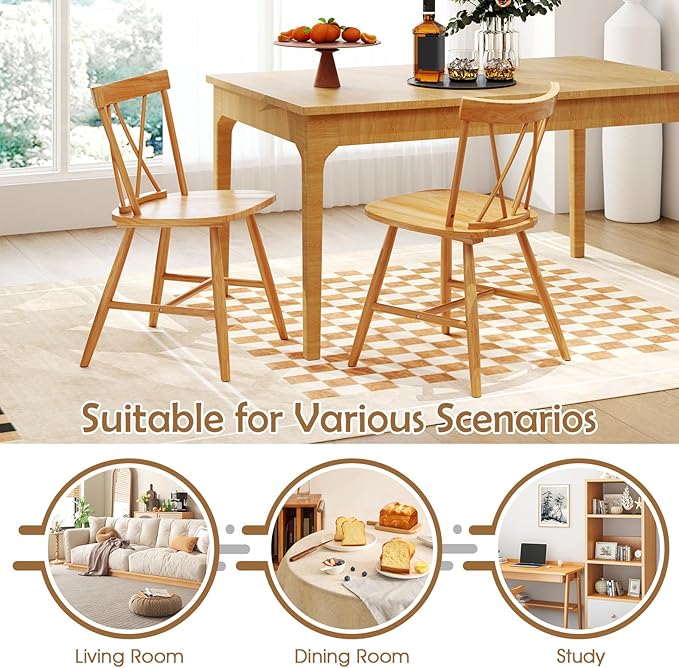 Giantex Windsor Dining Chairs Set of 2, Farmhouse Wooden Kitchen Chairs w/Cross Back, Wide Seat, Rubber Wood Frame, Armless Side Chairs for Kitchen, Dining Room, Living Room, Restaurant, Natural