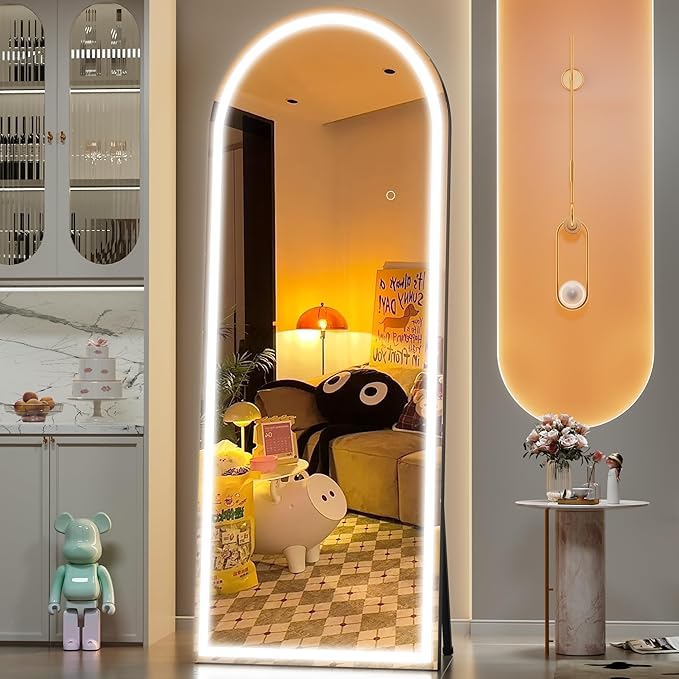 Hasipu 75" x 28" Led Mirror Full Length, Arch Mirror Full Length with Lights, Floor Full Body Glass with Stand,Tempered Glass,Shatter-Proof, Dimming & 3 Color for Bedroom Cloakroom-UL