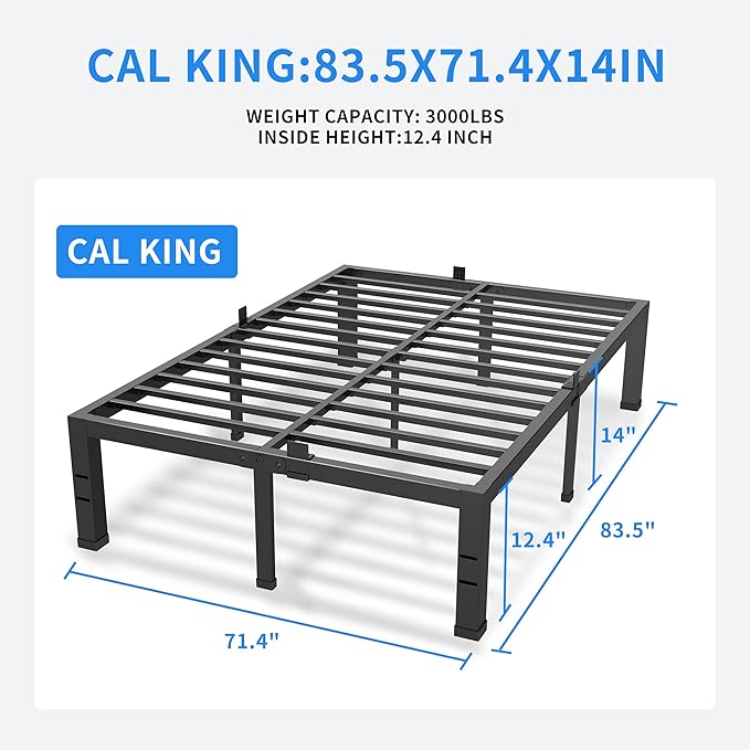 MAF 14 Inch California King Bed Frame No Box Spring Needed Heavy Duty Platform Cal King Bed Frame with Steel Slat Support 3000 LBS Noise Free Black Bed Frame Cali King