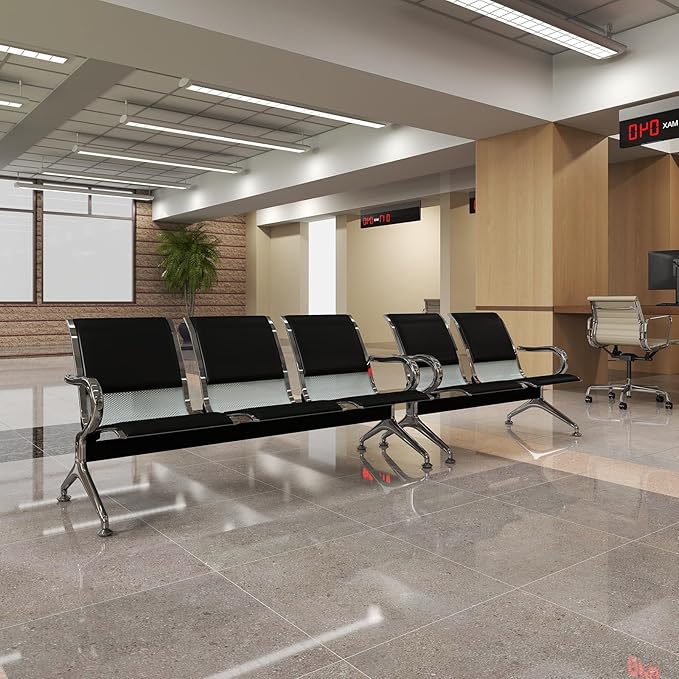 Kinfant 5-Seat Waiting Room Chairs Sofa Furniture - Office Guest Reception Chair with Armrest for Waiting Room Airport Hospital Bank (Black - PU+Mesh)