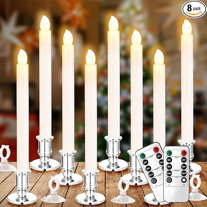 YAUNGEL Window Candles, 8 Pack LED Battery Operated Christmas Candles for Windows with Remote Electric Candle Lights with Removable Candle Holders Suction Cups for Christmas Decorations, Silver