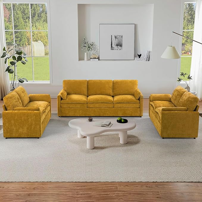 3 Pieces Chenille Sofa Set w/Arm Pillows, Upholstered 2 Pieces Loveseat & 3 Seater Sofa w/Comfortable Back Cushions, Modern 2-Seat & 3-Seat w/High-Density Foam for Living Room, Yellow