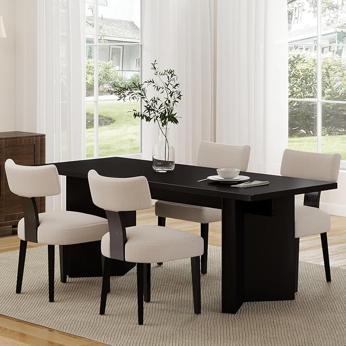 Linen Dining Chairs Set of 4 Modern Dining Chair with Black Wood Legs, Upholstered Dining Chairs for Dining Room, Kitchen, Vanity, Living Room, Beige