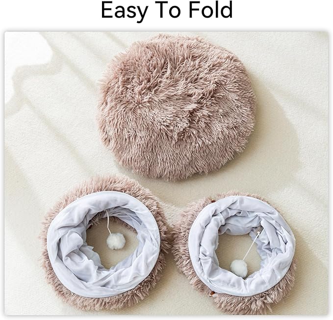 HIPIPET Winter Plush Cat Tunnel with Bed for Small Medium Large Cats, Multifunctional Cat Toys (Light Brown)