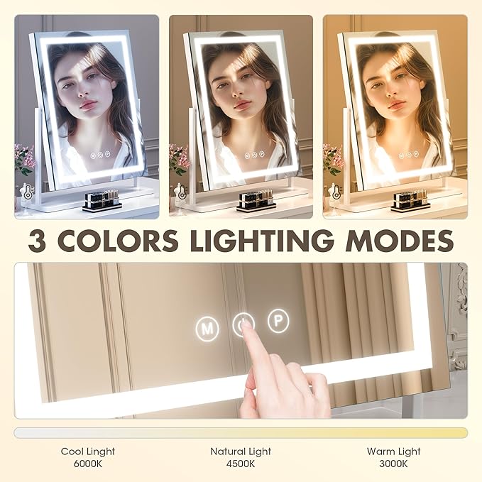 Hasipu Vanity Mirror with Lights, 16" x 20" LED Makeup Mirror, Light up Mirror with Smart Touch 3 Color Modes and Brightness Adjustment, 10X Magnifying Glass,360° Rotation