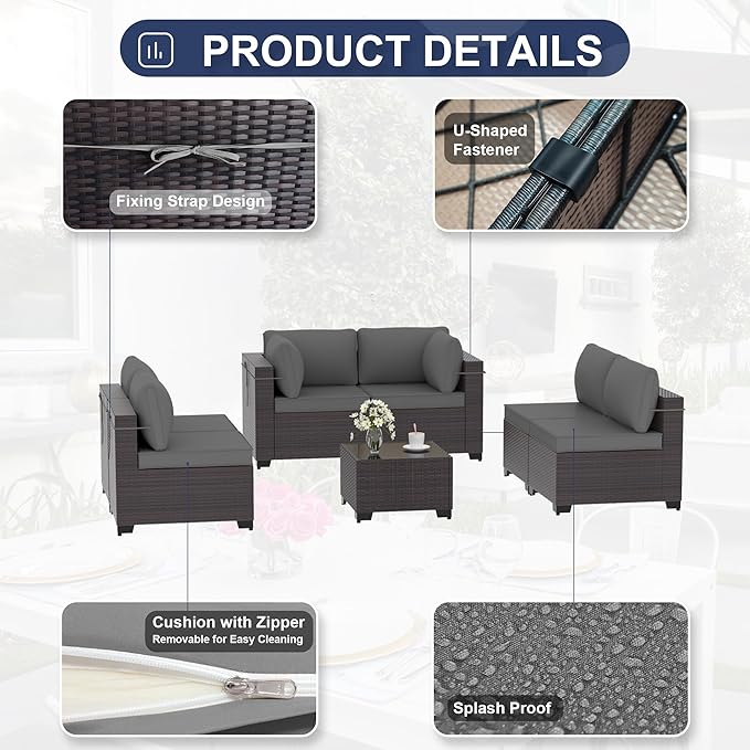 Kurapika 7 Pieces Patio Furniture Set, Rattan Wicker Outdoor Conversation Sets w/4 Inch Cushion and Glass Coffee Table(Grey)