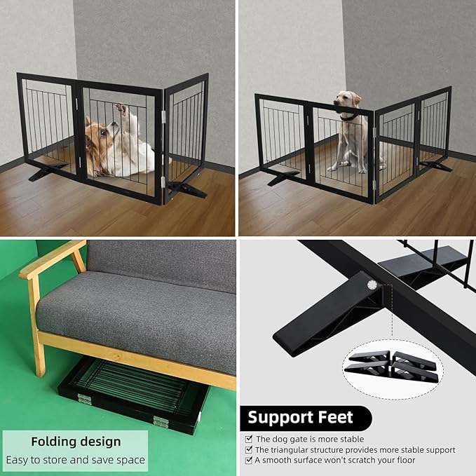 ZJSF Freestanding Dog Gate Indoor, Foldable Dog Fence for Doorways,Hallways or Stairs, Sturdy Wood Extra Wide Pet Gate with Support Feet,Black,32 "Height-3 Panels