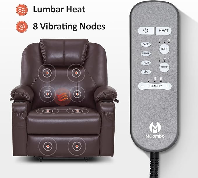MCombo Extra Wide Power Lift Recliner Chair for Elderly, Lift Chair with Heat and Massage for Big People, USB&Type C Ports, Cup Holders, Faux Leather R7045 (Dark Brown, Medium-Wide)