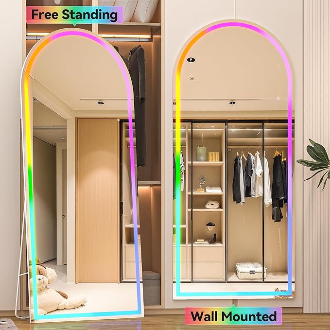 Hasipu 70.8" x 23.6" Arch LED RGB Bluetooth Full Length Mirror with Stand ＆ 7 Color Lighting Modes, Full Body Mirror with White Frame for Bedroom, Living Room, Dressing Room