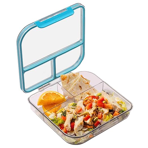 MyGo Pro Square Container, 3-Compartment Clear Heavy Duty Plastic Food Storage Container, Portable Sleek Design, Spill-Resistant with Removable Gasket, 7.25" L X 7.25" W X 2" H