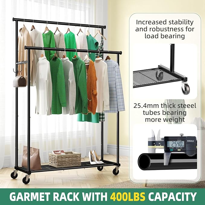 Double Rod Clothes Rack with Wheels Load 400 LBS, 45 Inch Rolling Clothing Rack for Hanging Clothes, Heavy Duty Garment Rack with Shelves, Metal Portable Closet, Black