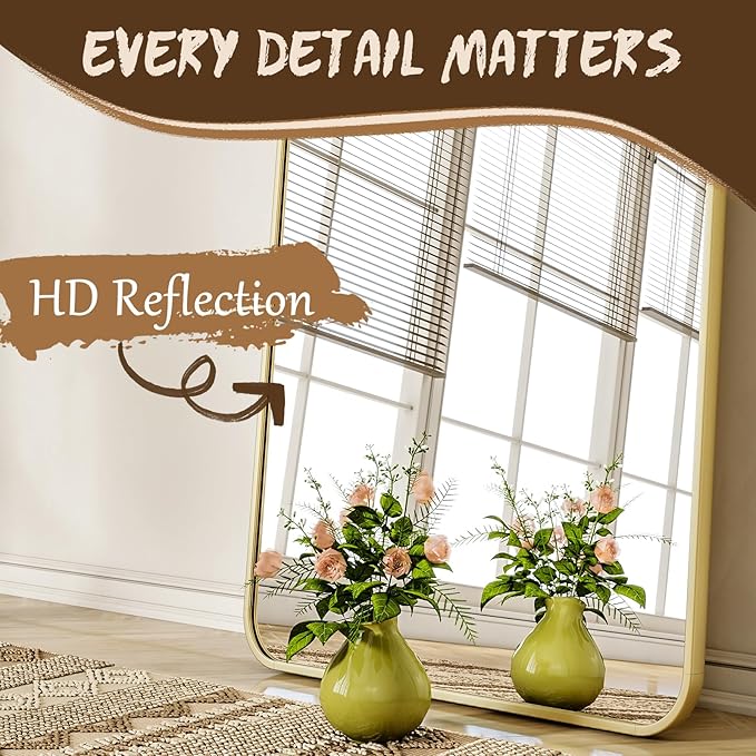 76"x34" Floor Full Length Mirror Standing Full Body Rounded Corner Rectangle Mirrors with Stand Hanging Wall Mounted Leaning Bedroom Living Room Bedroom Cloakroom,Gold